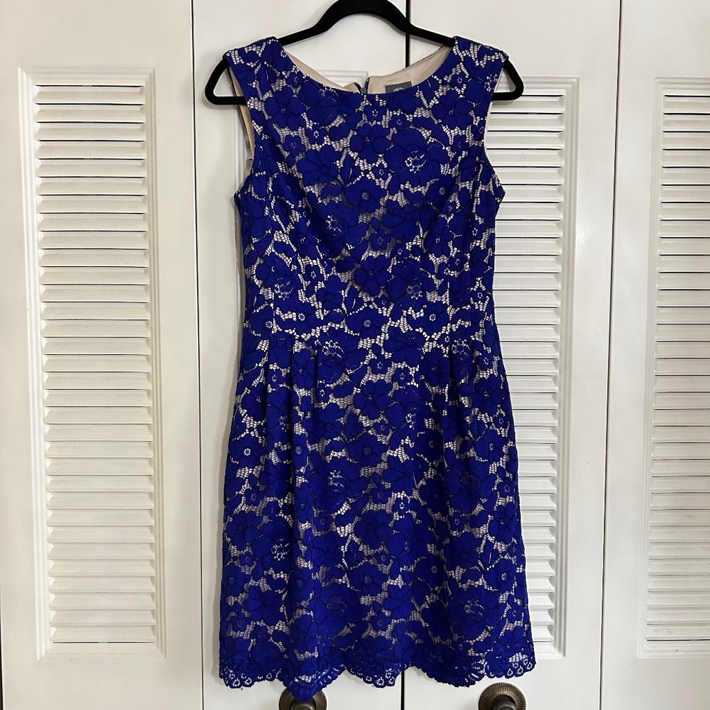 Vince Camuto Royal Blue Lace Fit & Flare Dress Size 8 Sleeveless Floral Overlay